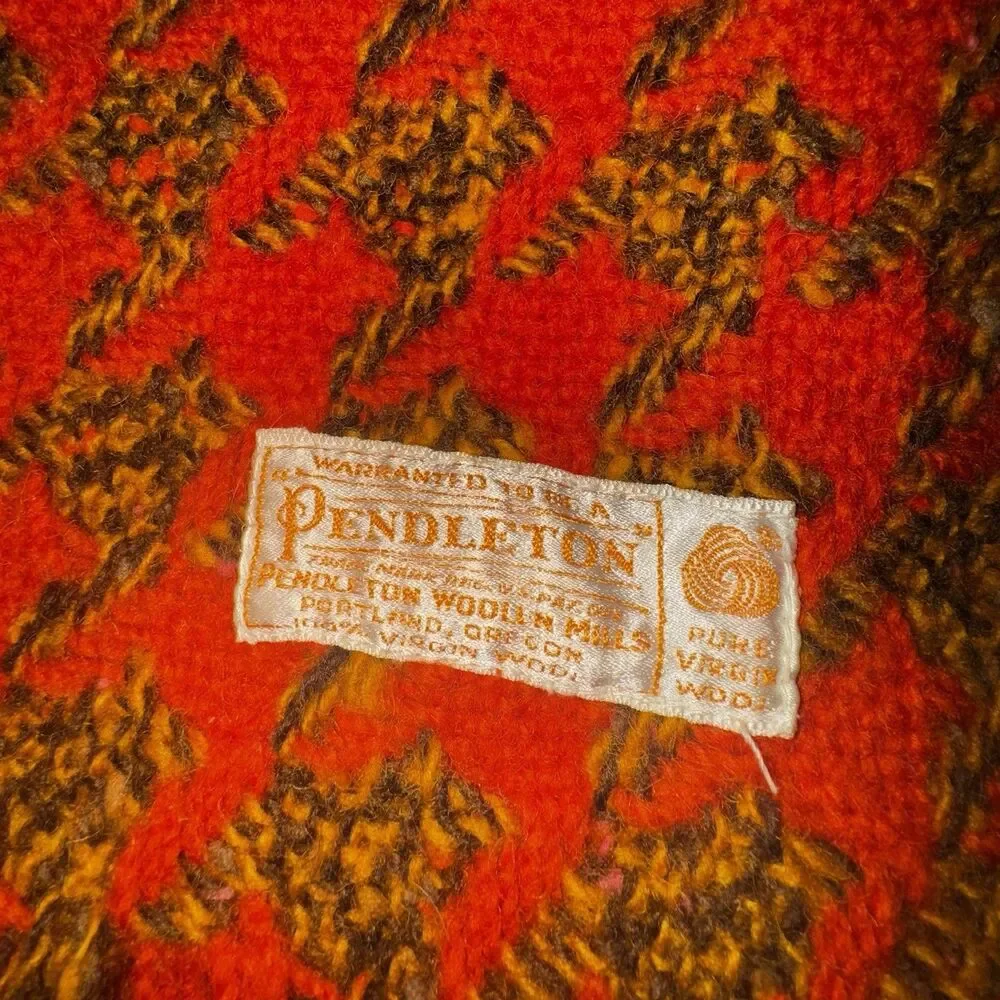 Vintage 60s 70s Pendleton Wool Houndstooth Fringed Throw Blanket Orange 53 x 62